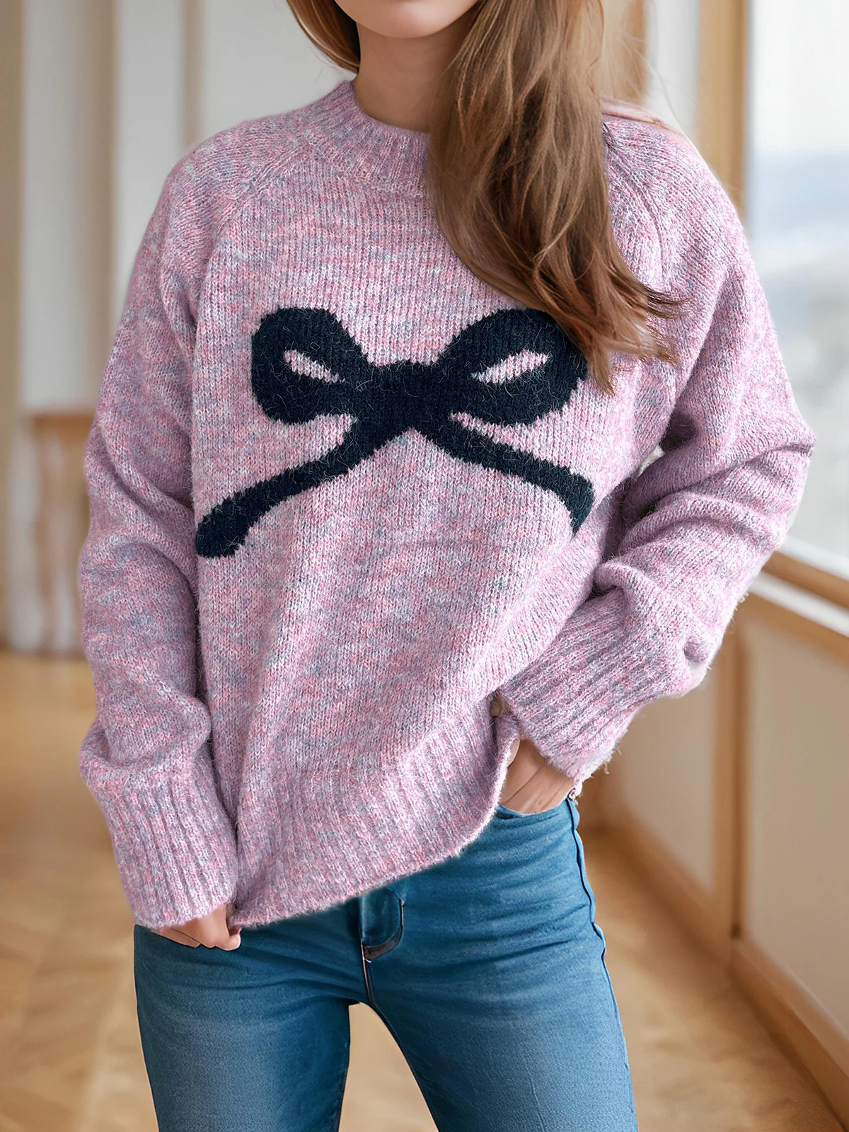 Women's Round Neck Playful Bow Knit Sweater
