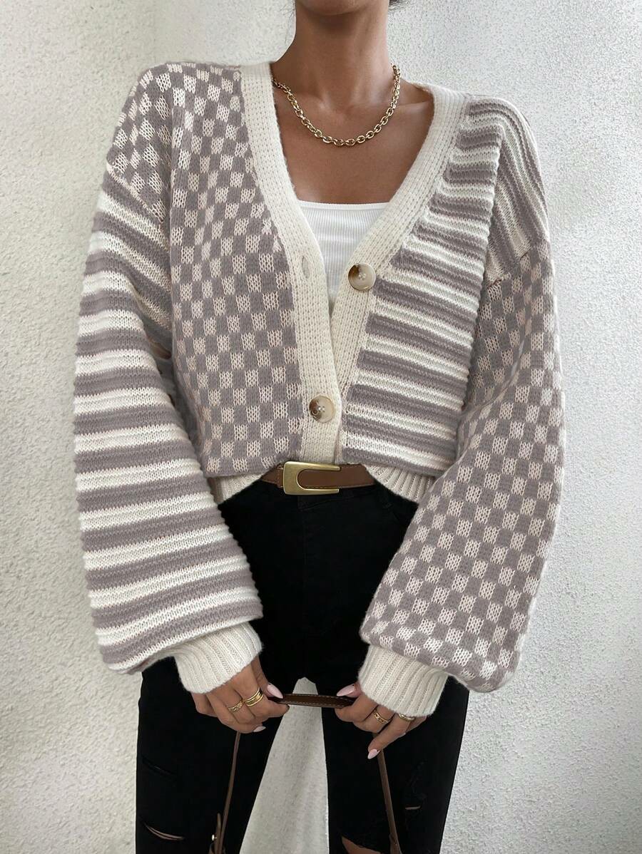 Women's Checker Plaid Striped Pattern Button Up V Neck Cardigan