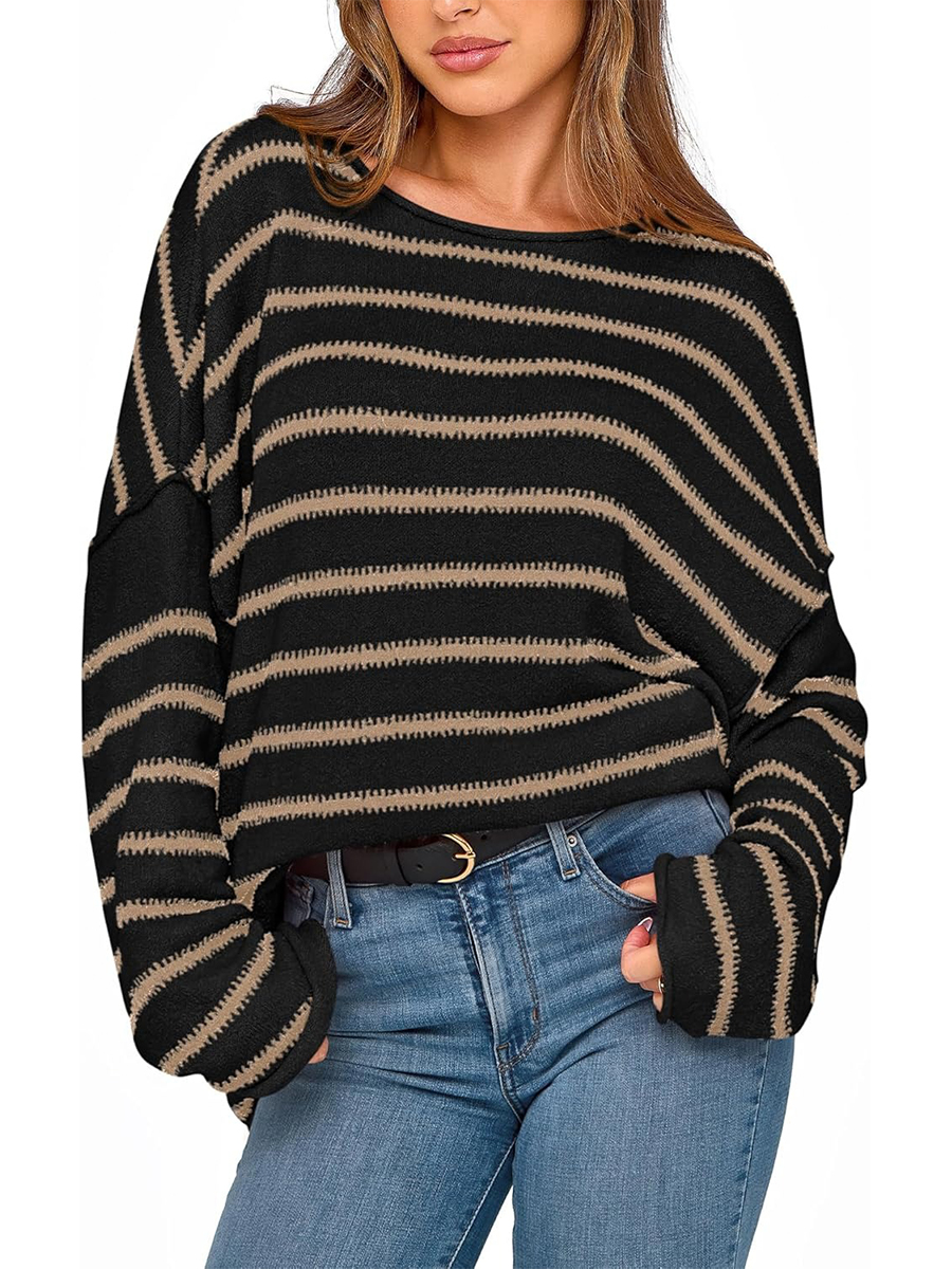 Women's Striped Boat Neck Off Shoulder Oversized Knit Sweaters