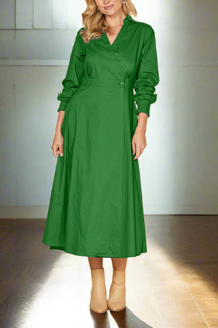 Cross V-neck Long Seeve Buckle Waist Midi Dress