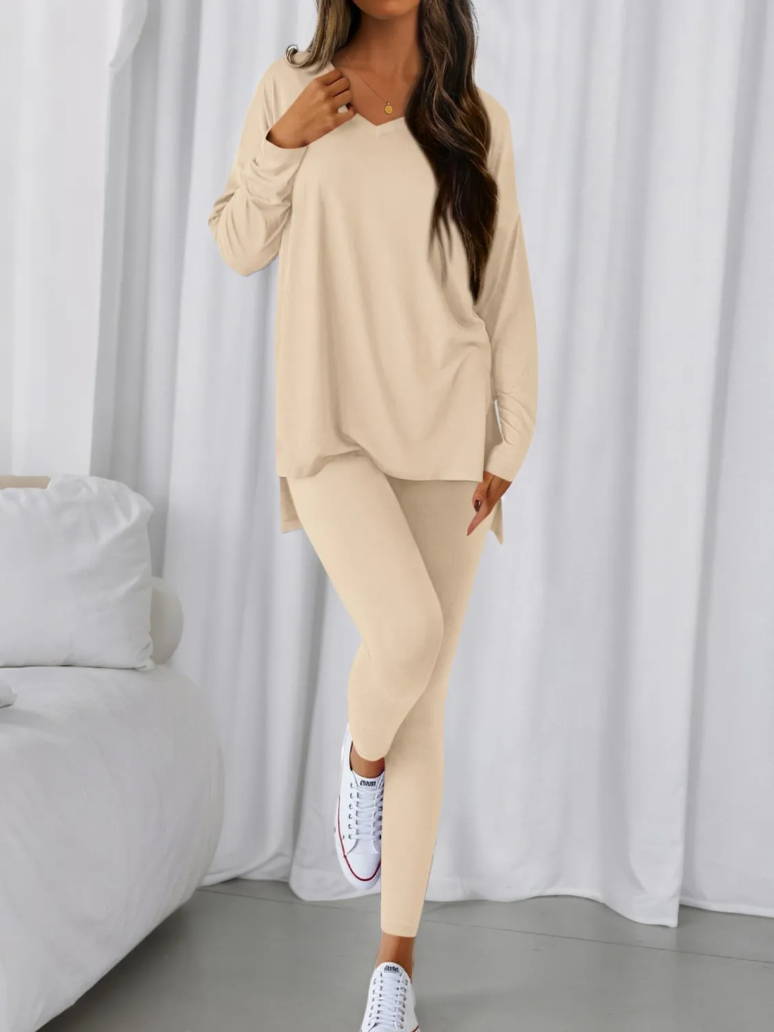 Women's V-neck Oversized Shirts Leggings Casual Lounge Matching Set