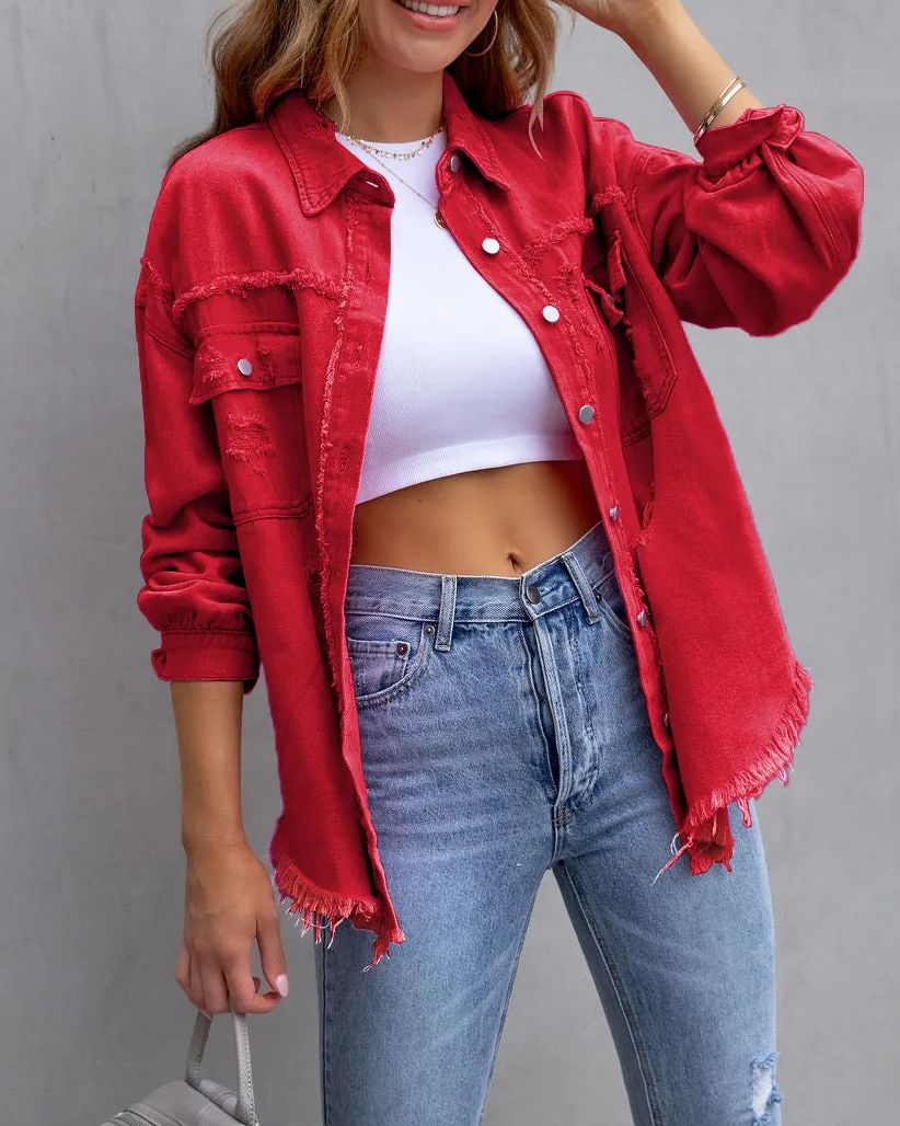 50% OFF🔥Women's Basic Casual Ripped Denim Jacket Long Sleeve (Buy 2 Free Shipping)