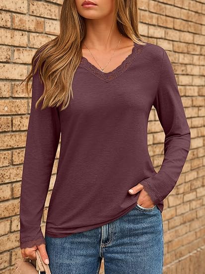 V Neck T Shirts for Women Lace Long Sleeve Tops