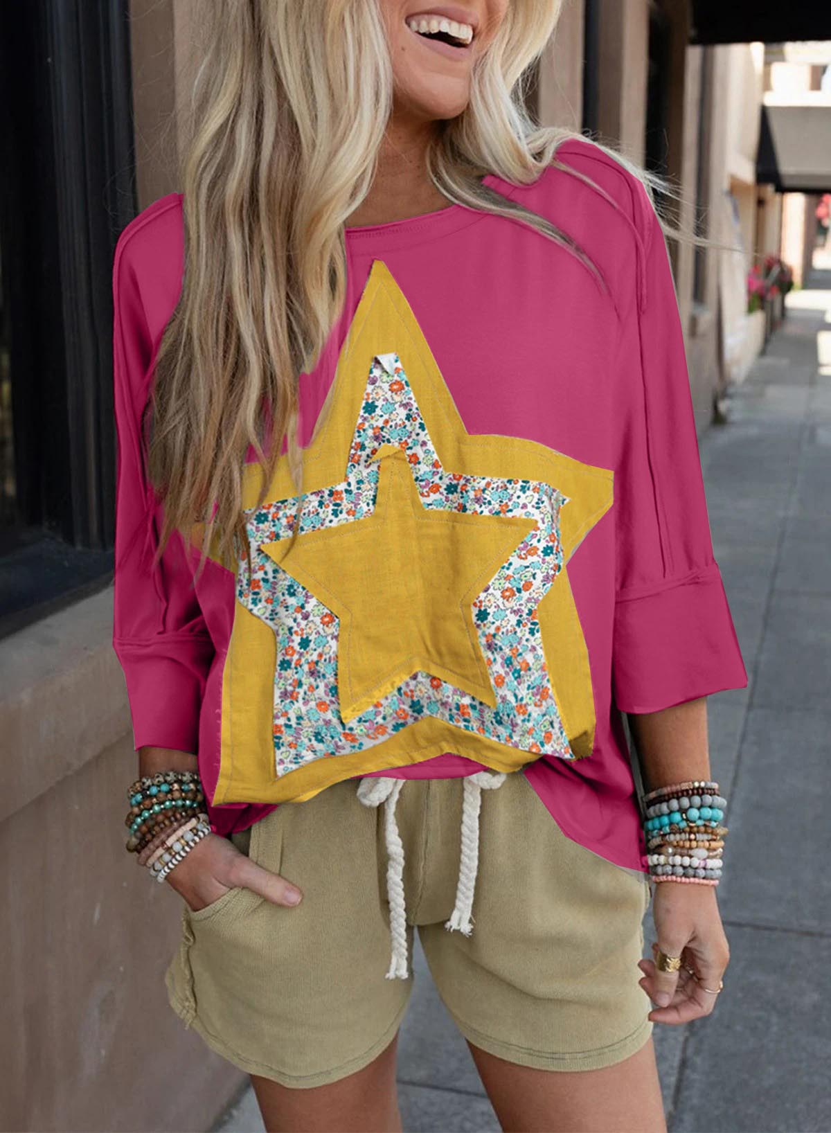Floral Star Patched Exposed Seam 3/4 Sleeve Top