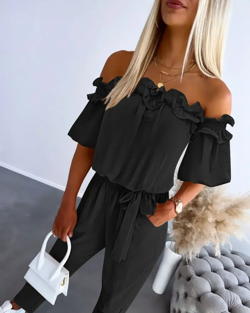 HOT SALE Women's Off Shoulder Frill Hem Tied Detail Jumpsuit