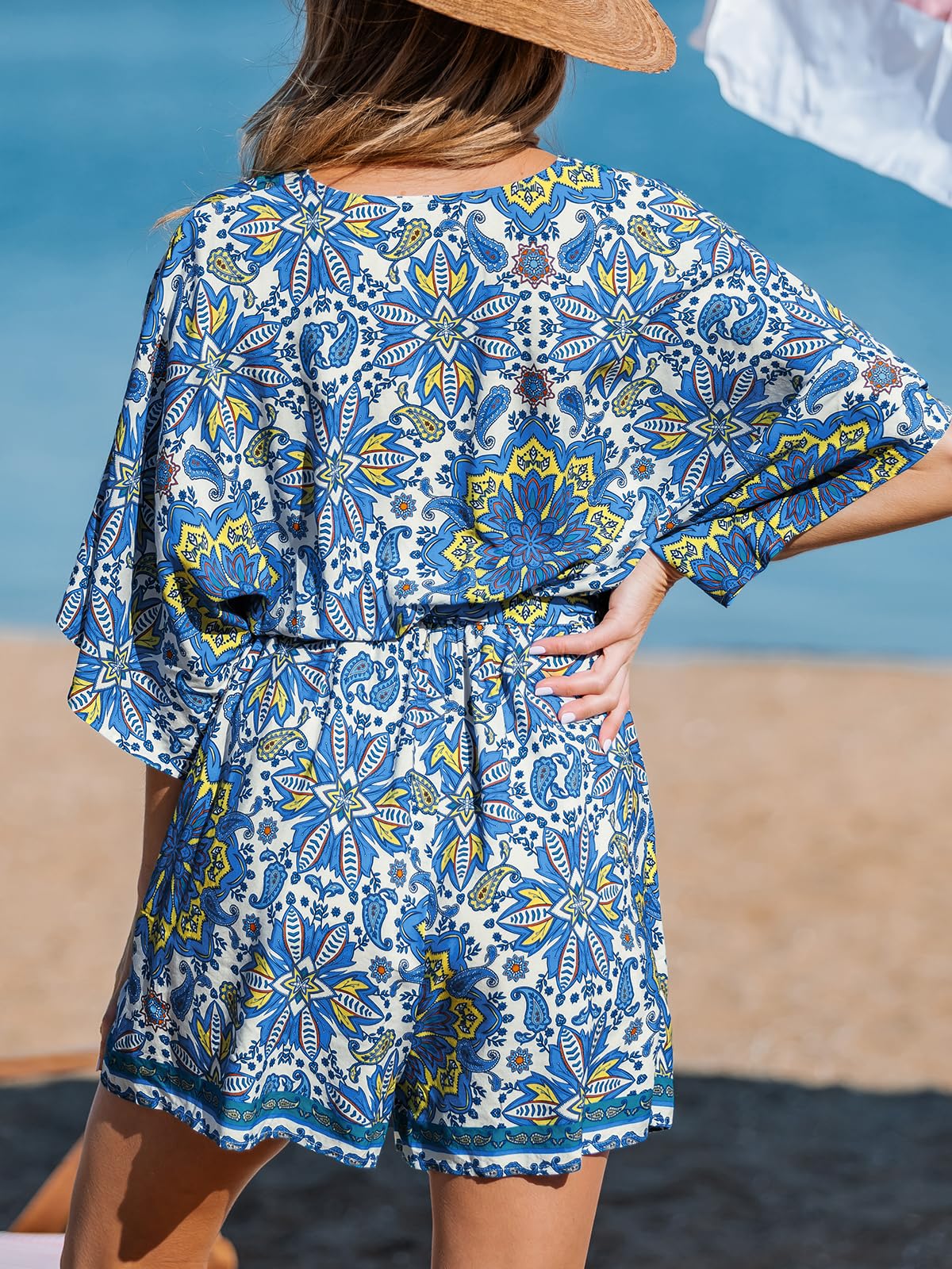 Women's Lace Up Print Romper Short Sleeves Jumpsuits Wide leg Outfit (buy 2 free shipping!!!)