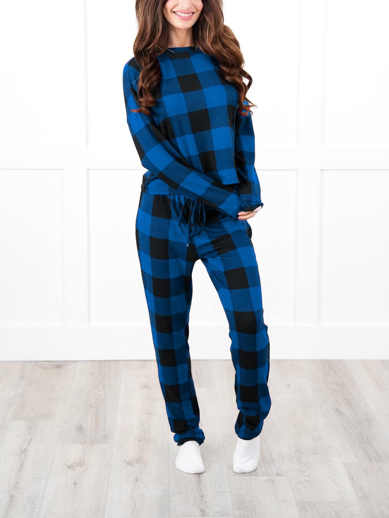 Christmas Plaid Long Sleeve Round Neck Elasic Pants Casual Pajama Set