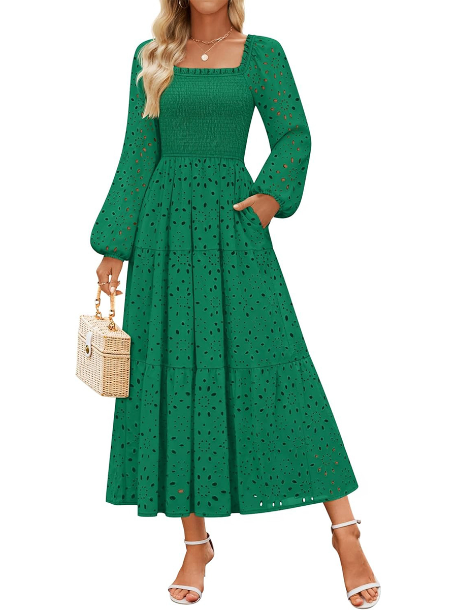 Women's Square Neck Hollow Out Eyelet Smocked A Line Long Sleeve Dress