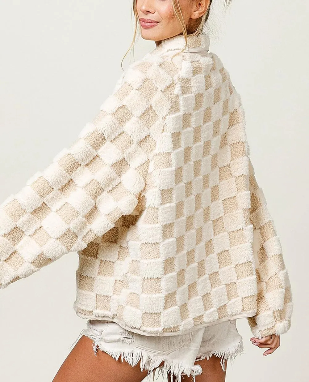 Women's Winter Casual Checkered Fleece Sherpa Jacket
