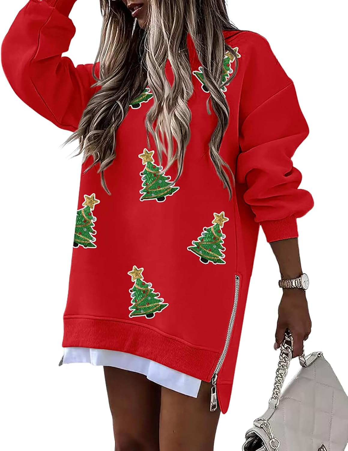 Christmas Sequin Pattern Zipper Slit Holiday Sweatshirt