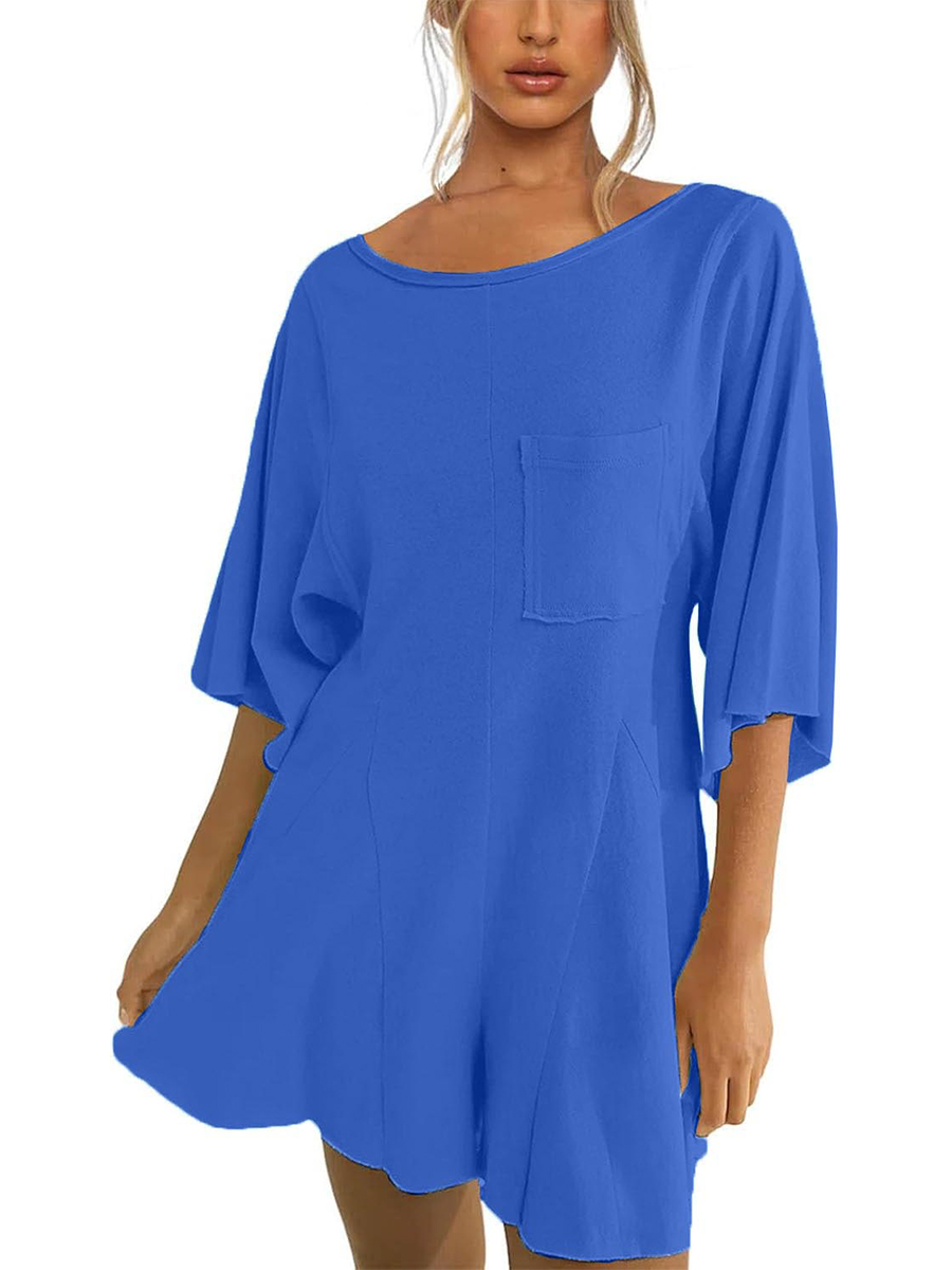 Women's Short Sleeve Loose Ruffled Short Romper Dress with Pocket
