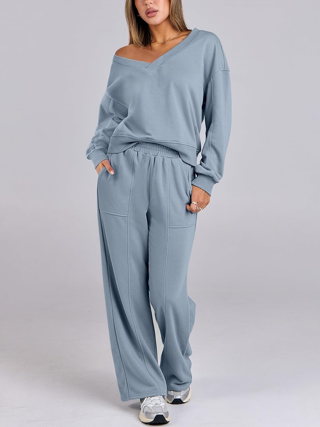 Women's V Neck Sweatshirts Wide Leg Jogger Sweatpants Lounge Sets
