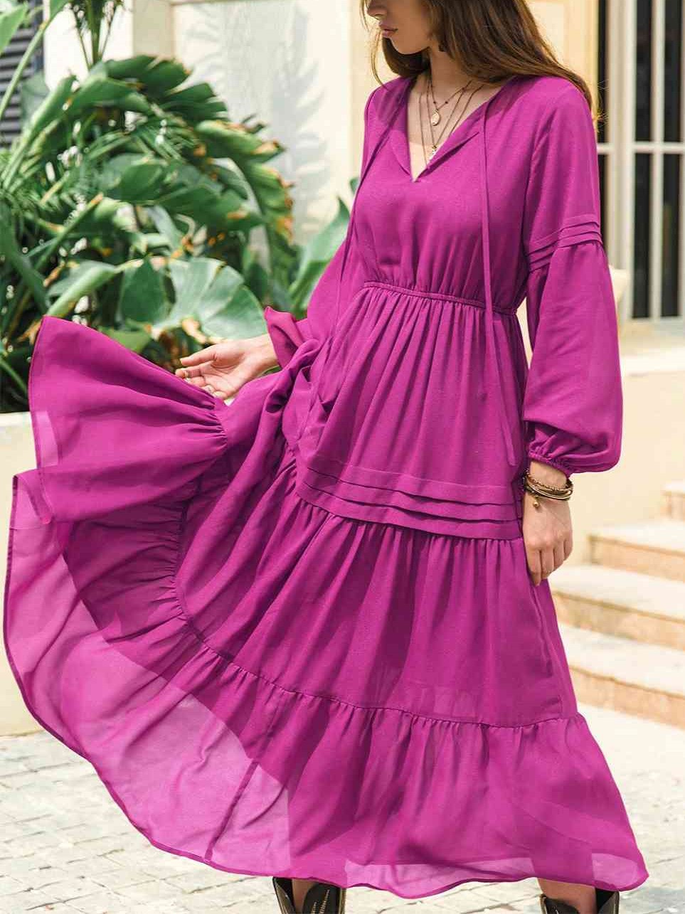 Women‘s Flowy Lantern Sleeve Ruffle Hem Tiered Midi Dress