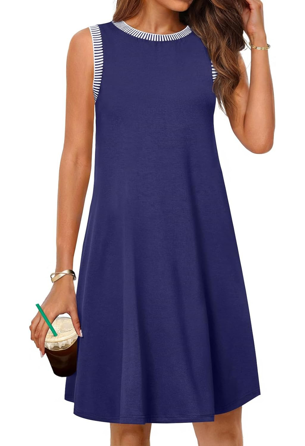 Women's Casual Crewneck Striped Trim Sleeveless Tank Mini Dress