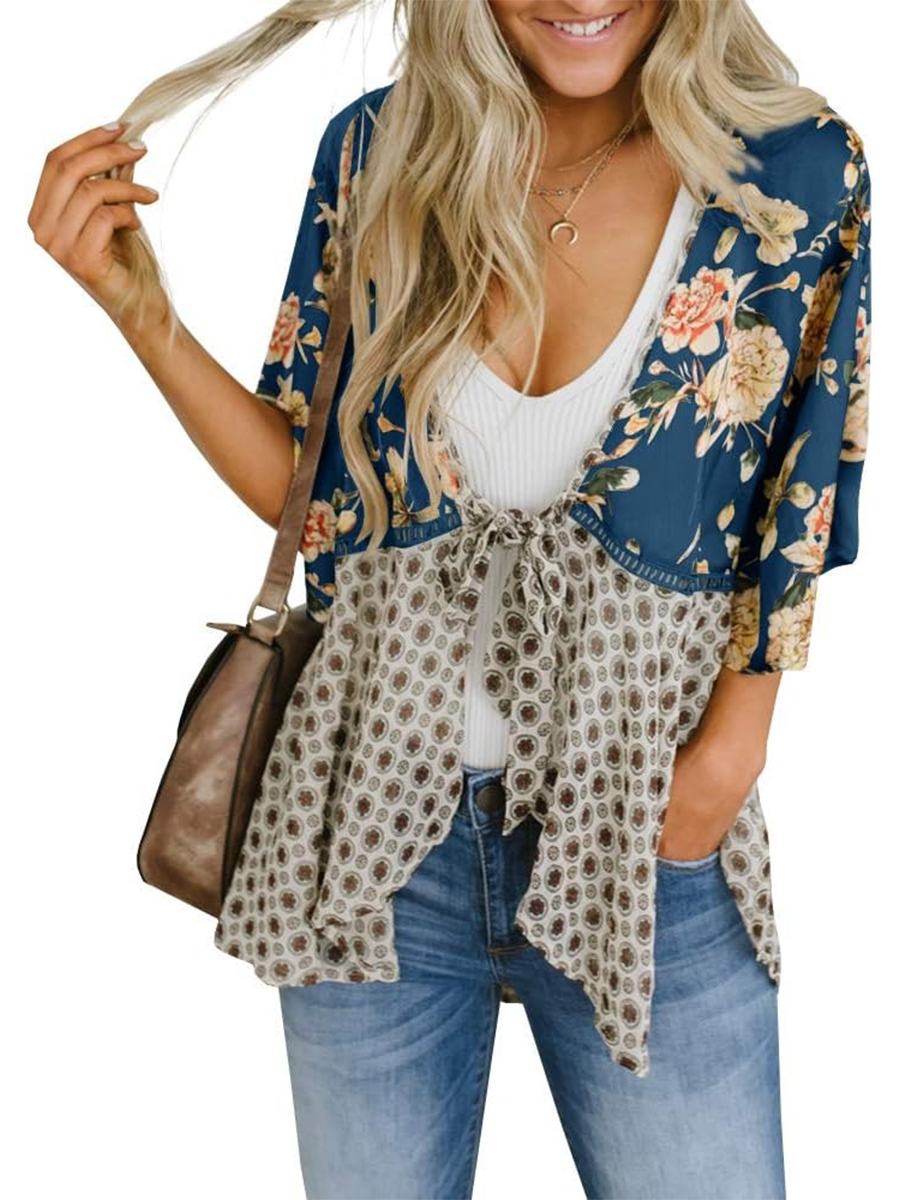 Women's Floral Kimono 3/4 Ruffle Sleeve Tie Cardigans Flowy Boho Loose Cover Ups