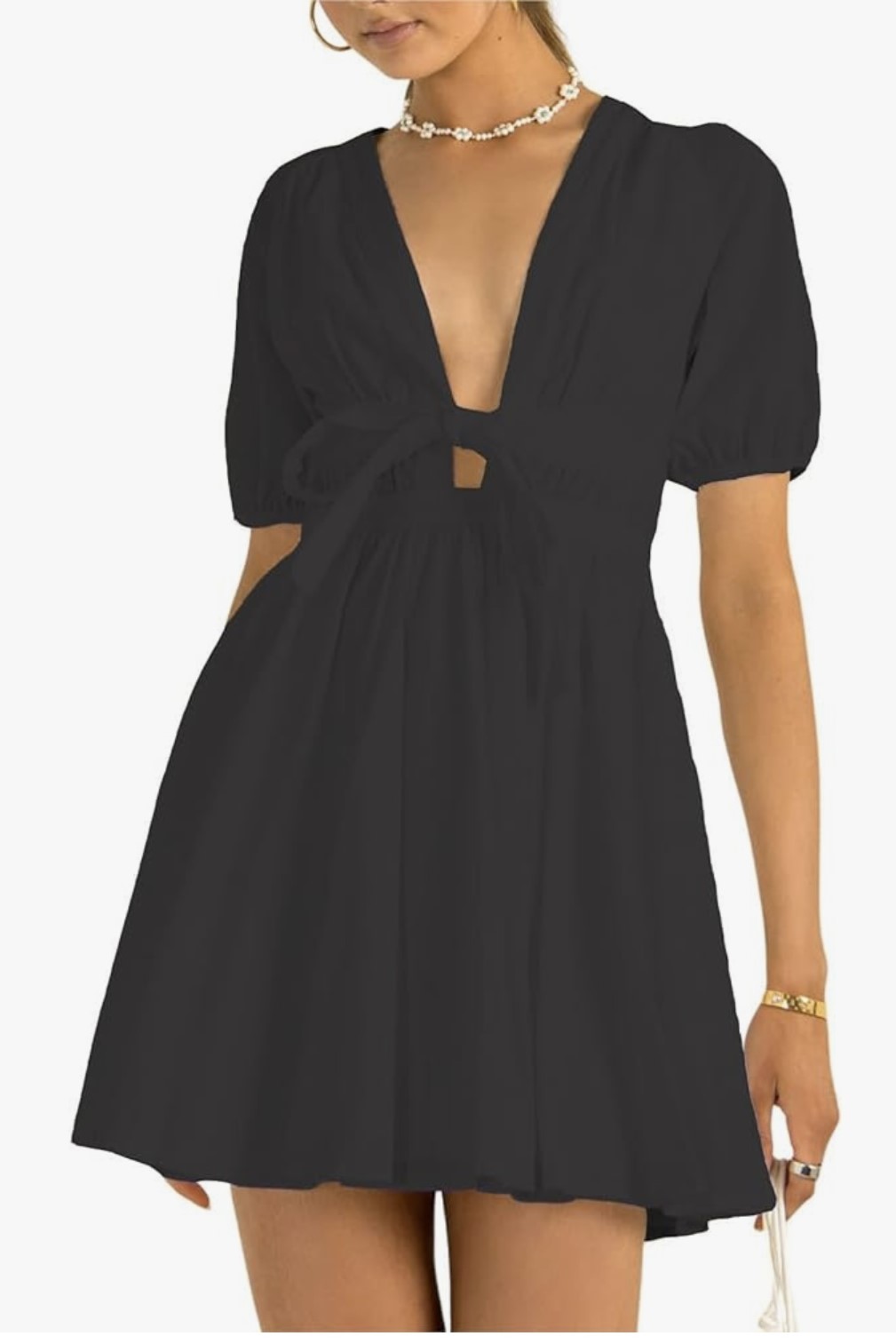 Women's Cute Summer Short Puff Sleeve Tie Mini Dress