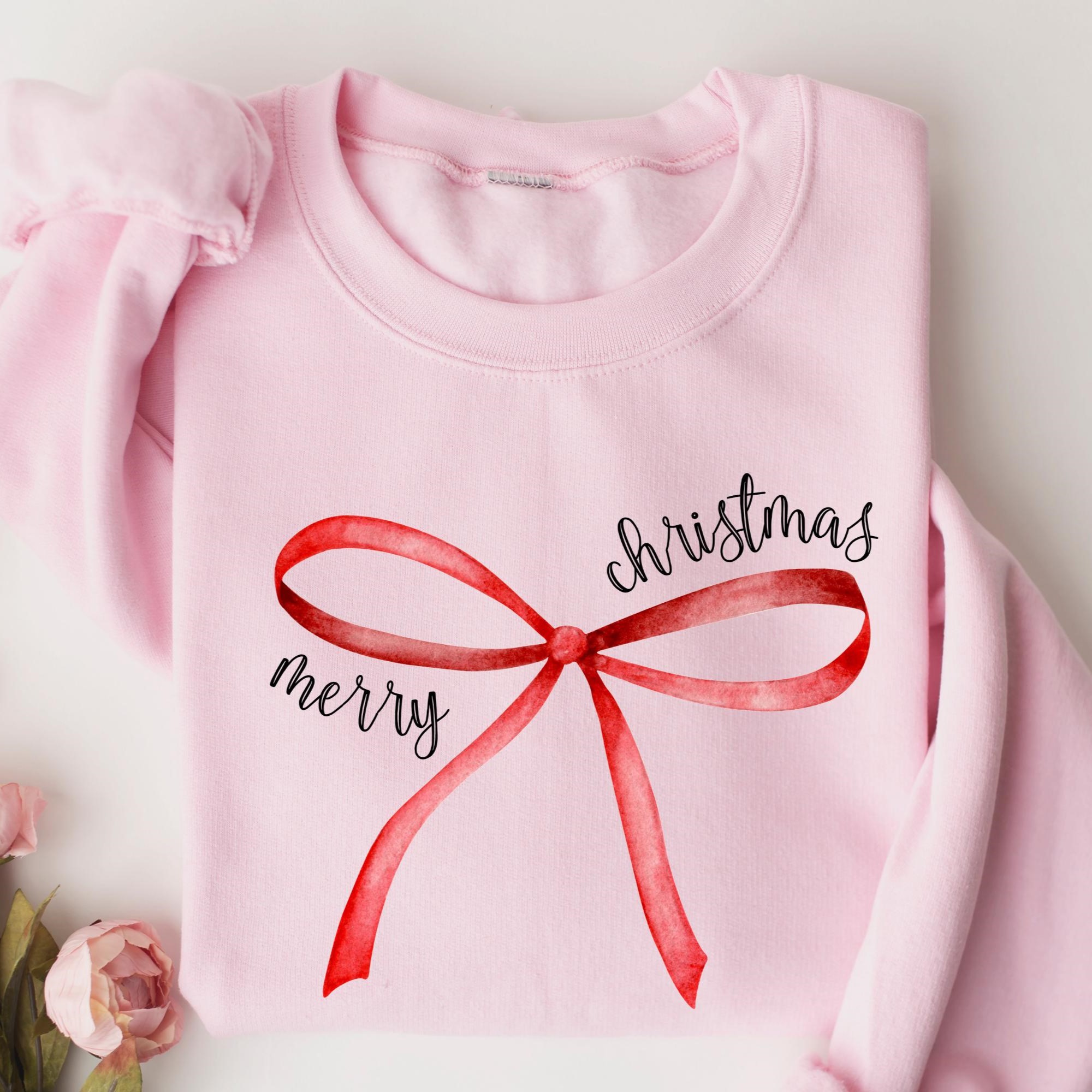 “Merry Christmas” Red Bow Print Holiday Sweatshirt