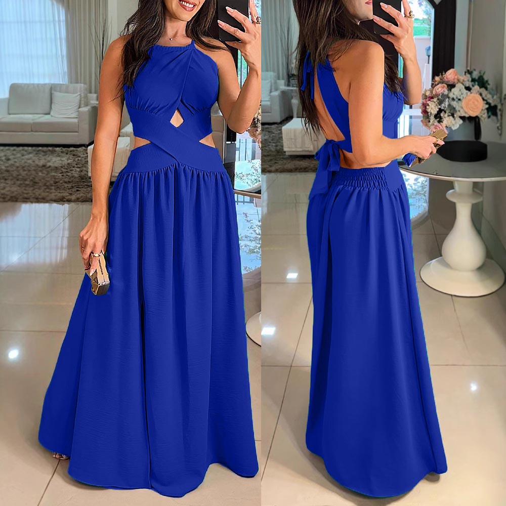 Halter Cut-out Sleeveless Tied Criss Cross Flared Dress