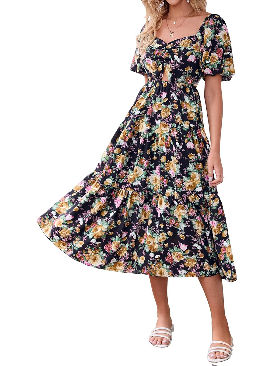 Women's Boho Floral Square Neck Puff Sleeve Cutout Long Maxi Dress