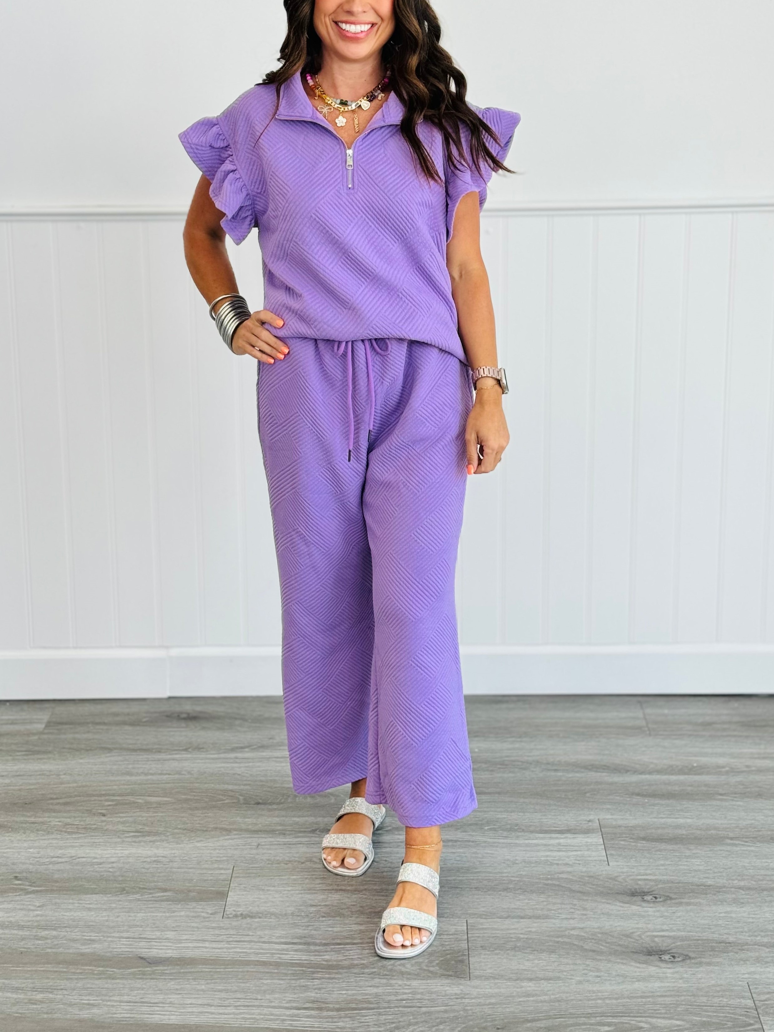 Textured Ruffle Sleeve Top & Pants Set