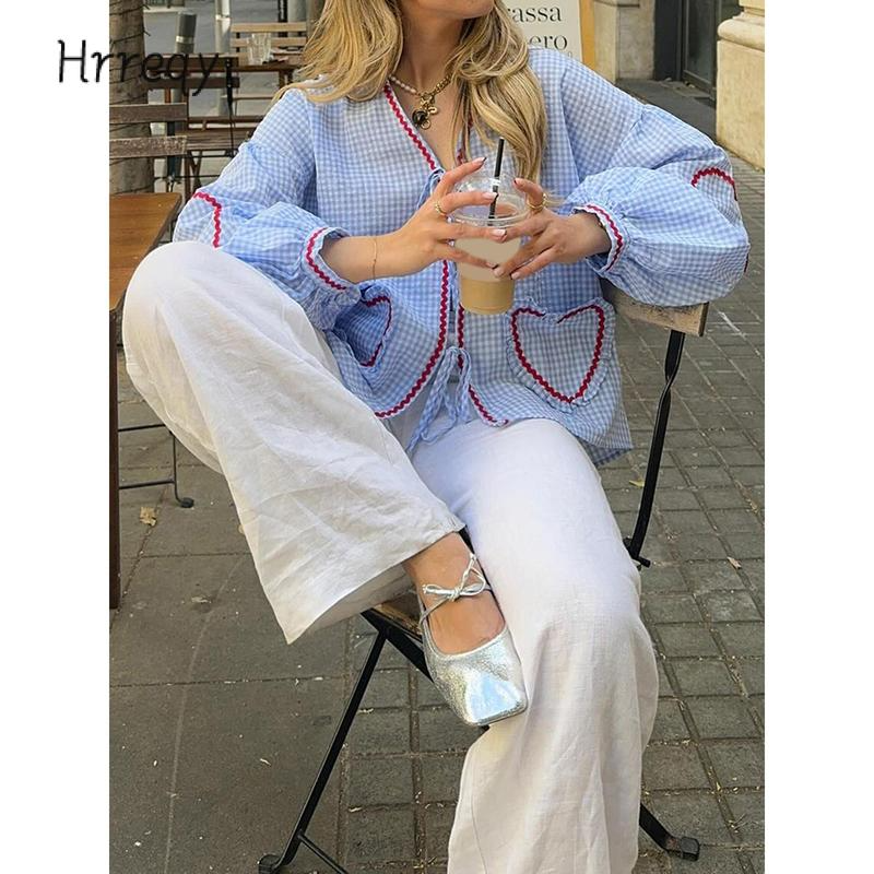 Women Long Sleeve Shirts Heart Embroidery Plaid Front Bowknot Tie-Up Blouses