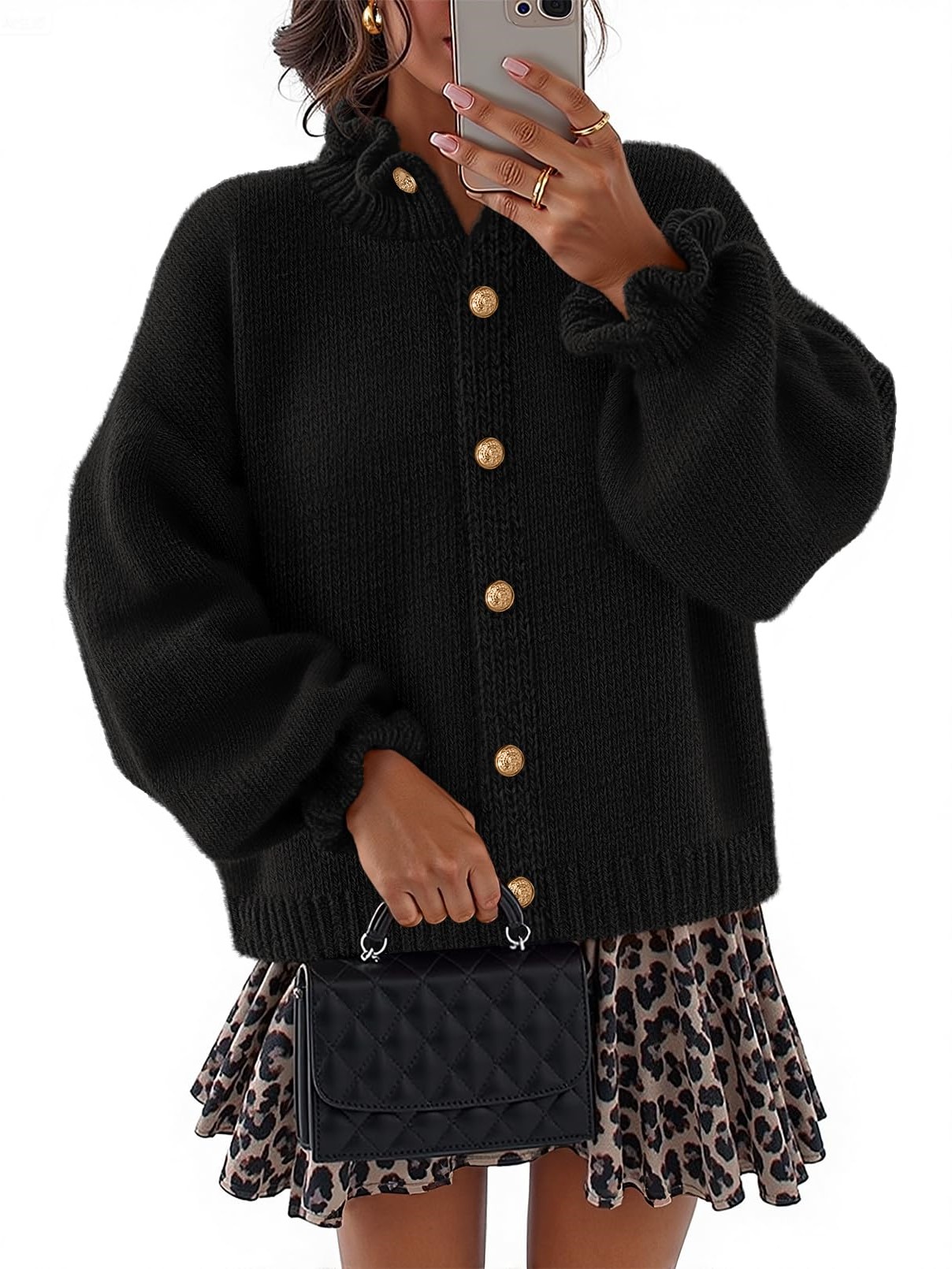 Women's Ruffle Button Down Long Sleeve Chunky Cardigan Sweaters