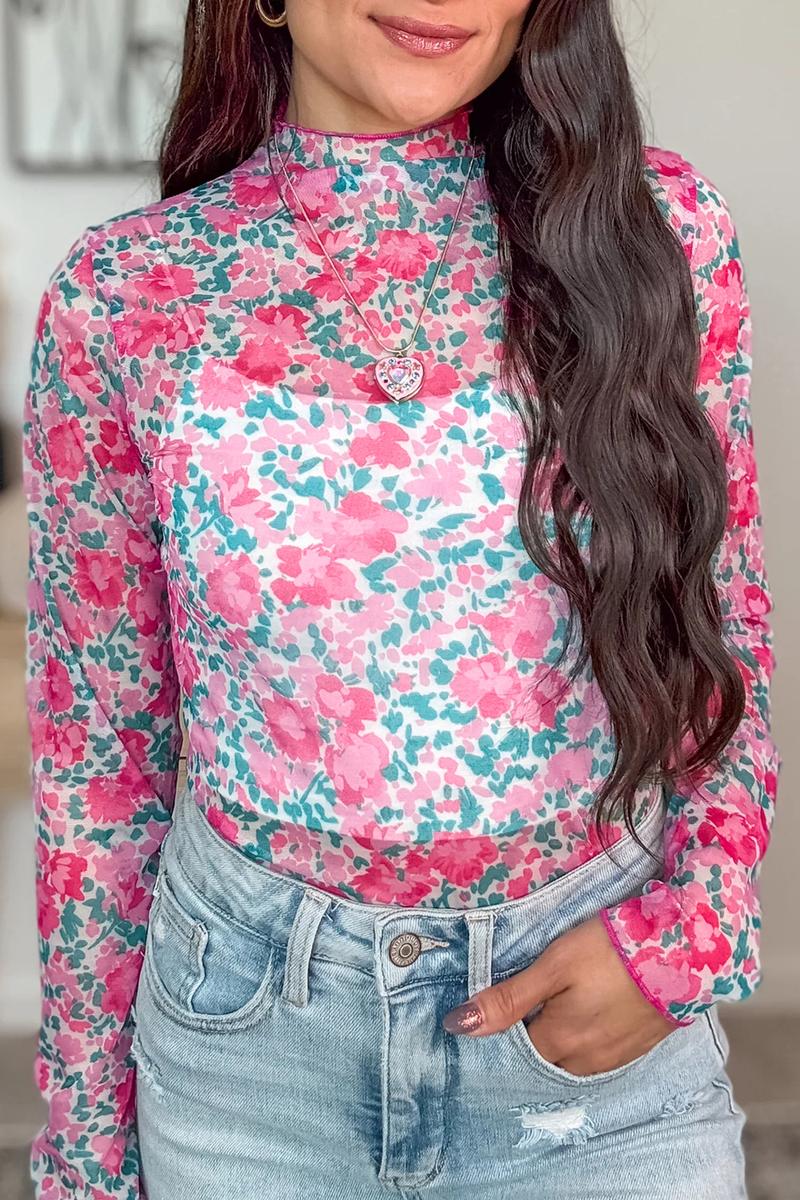 Women's Slim Fit Mock Neck Long Sleeve Mesh Top