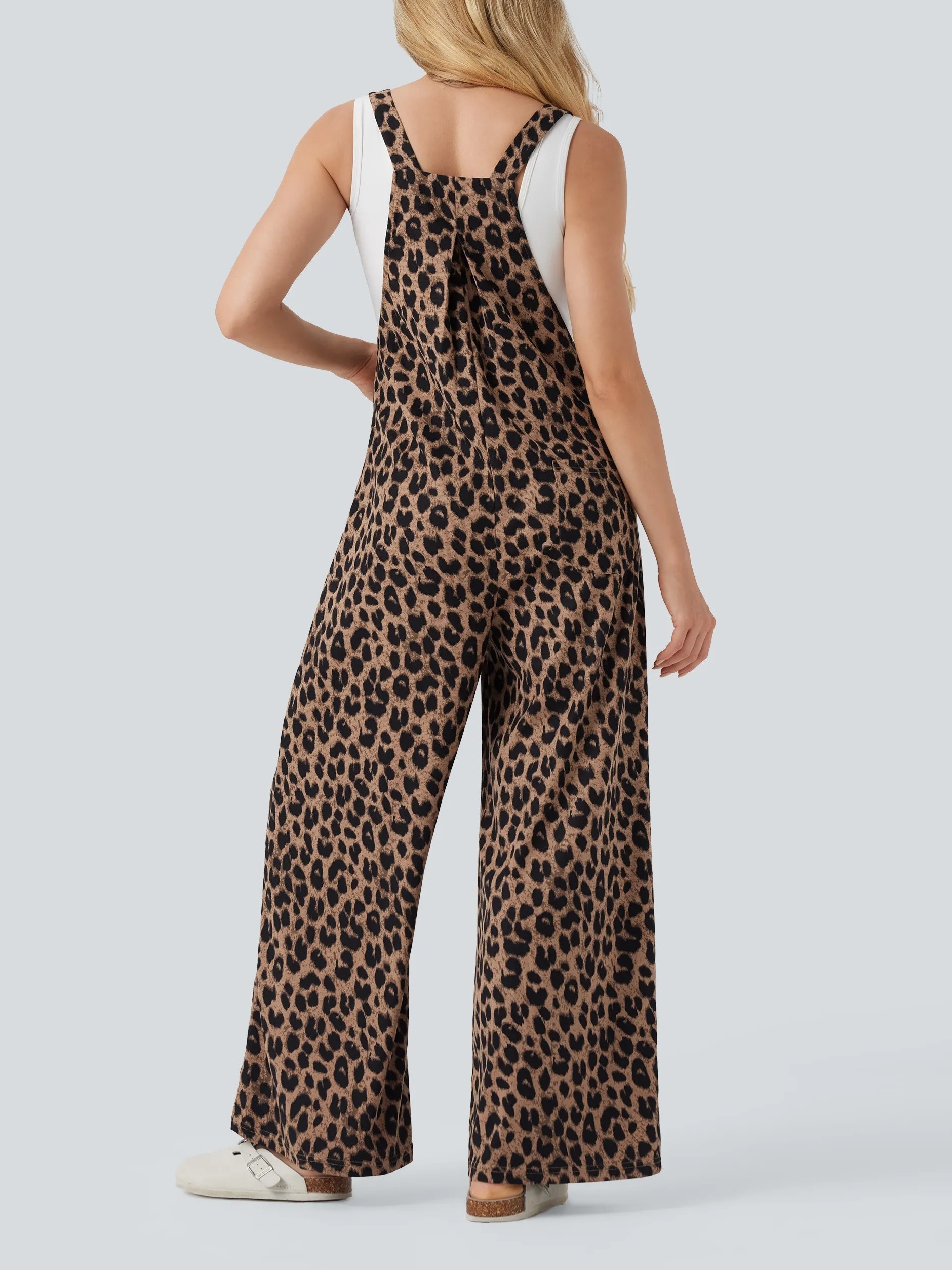 Women's Leopard Print Casual Overalls with Pockets