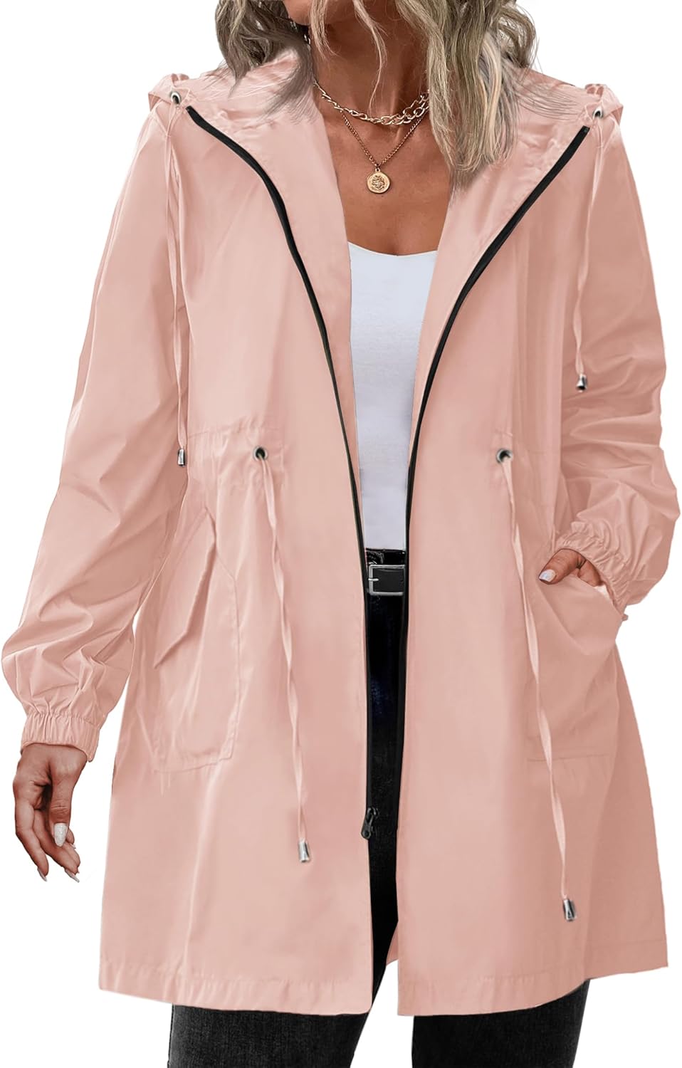 Women's Plus Size Lightweight Hooded Waterproof Jackets with Pockets