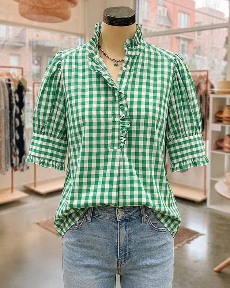 Women's Gingham Ruffled Neck Blouse (buy 2 free shipping)