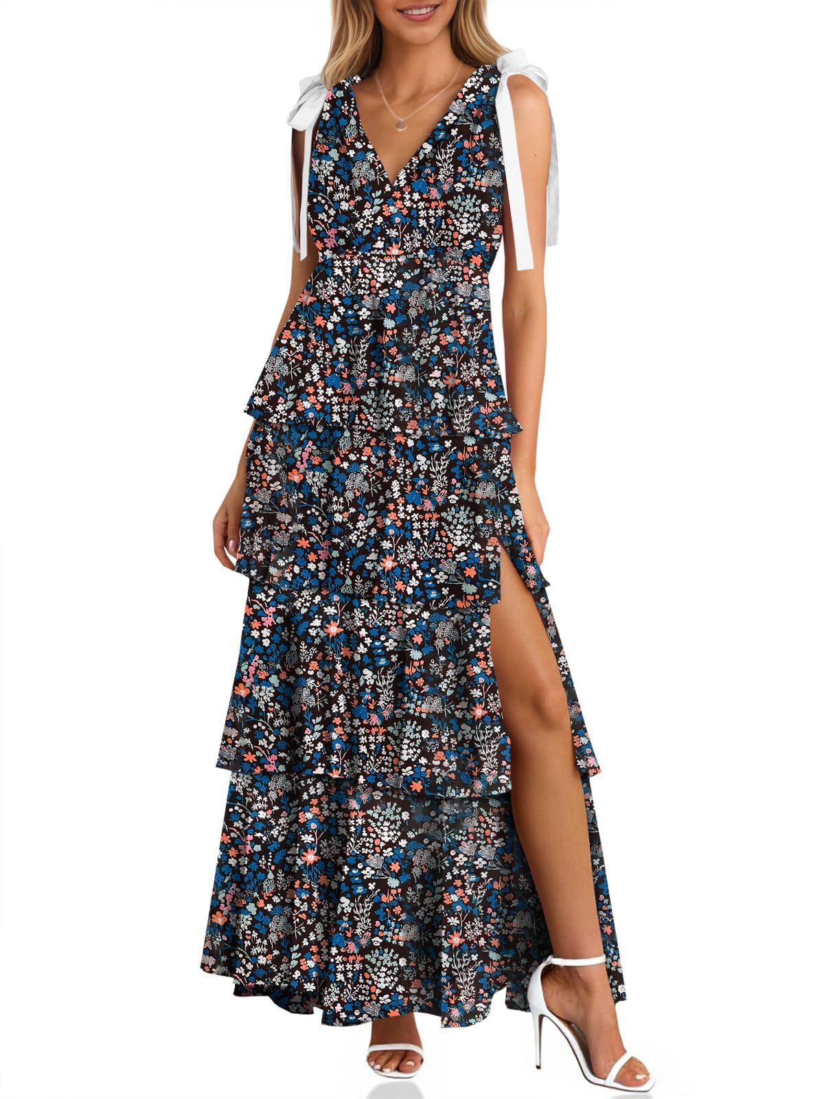 Women's Boho Floral Tie Strap V Neck Ruffle Tiered Maxi Dress