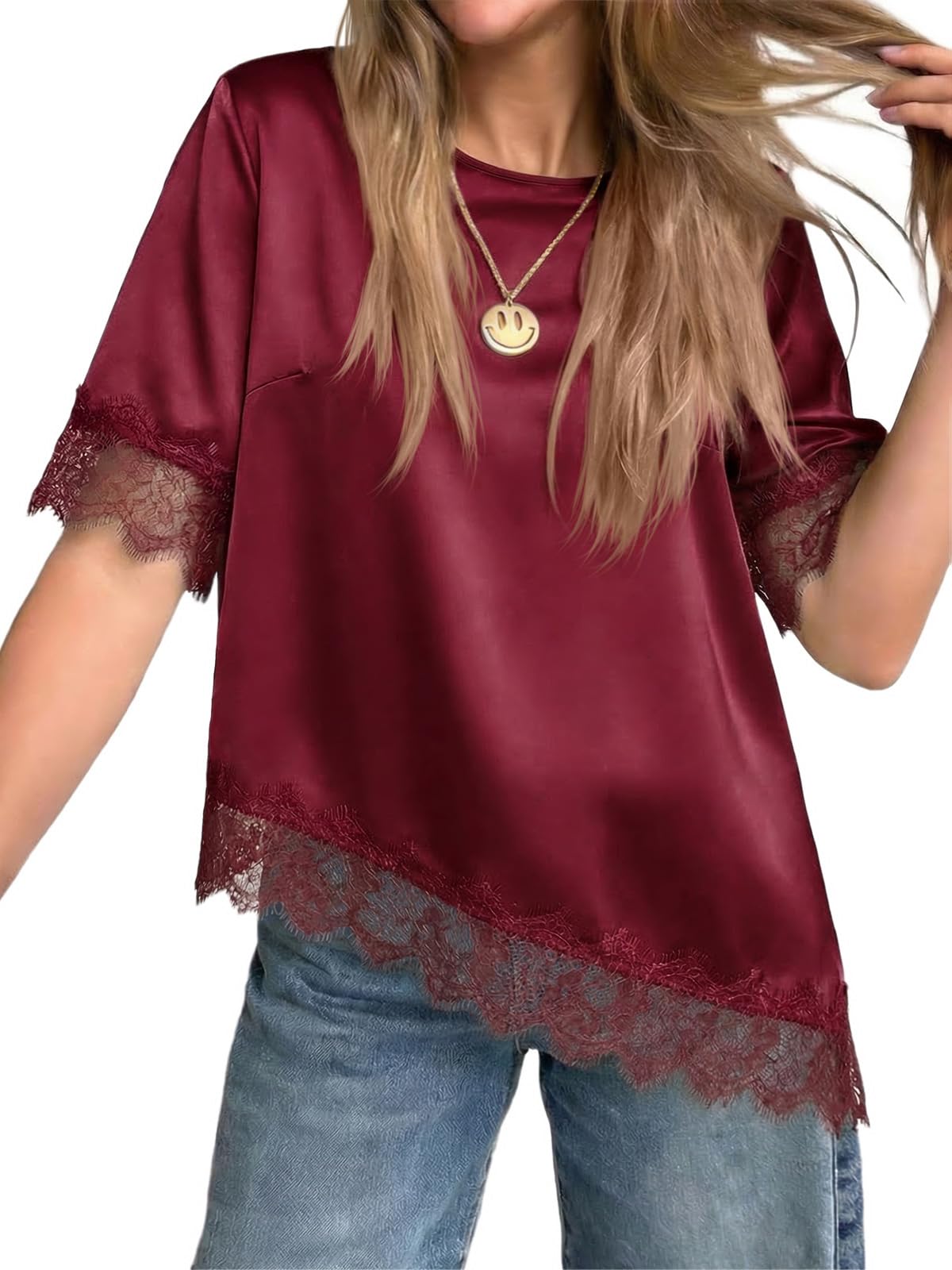 Women's Satin Short Sleeve Lace Trim Asymmetrical Blouse Tops