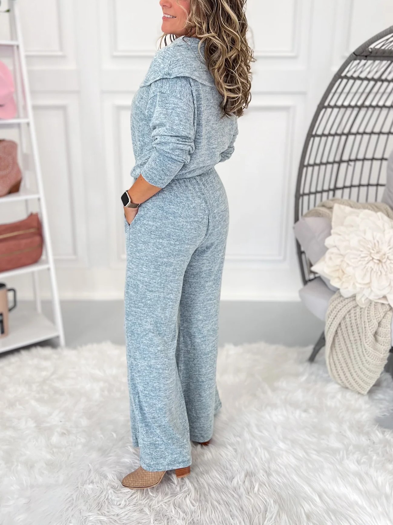 Women's Soft Knit Fold Boat Neck Top and Pants Lounge Set