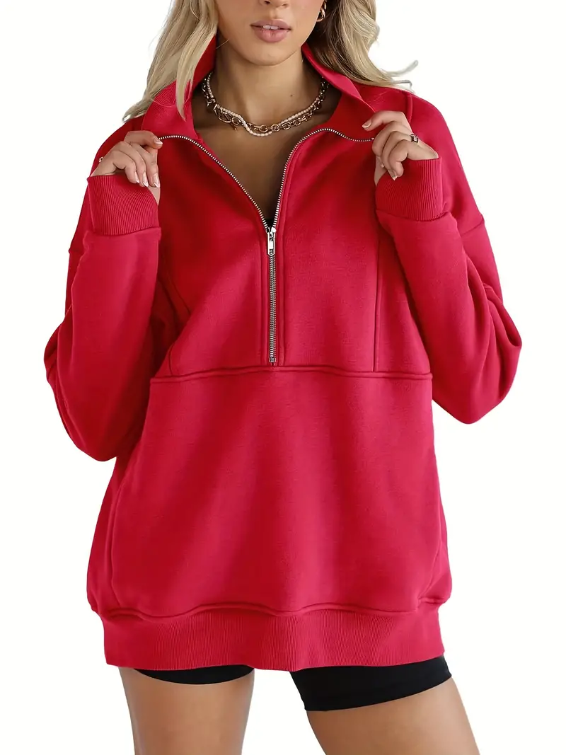  Solid color half-zip pullover sweatshirt