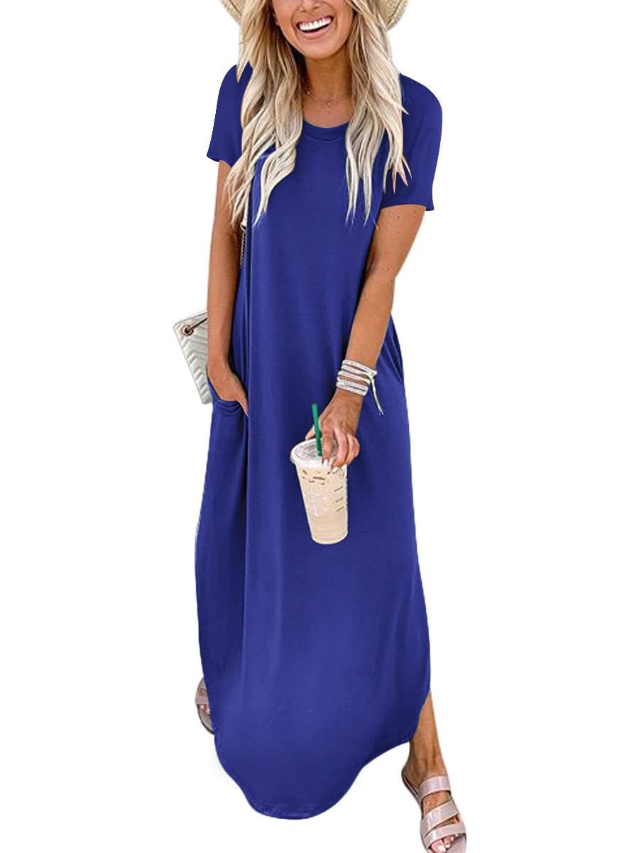 Women's Casual Loose Short Sleeve Pocket Split Maxi Dress