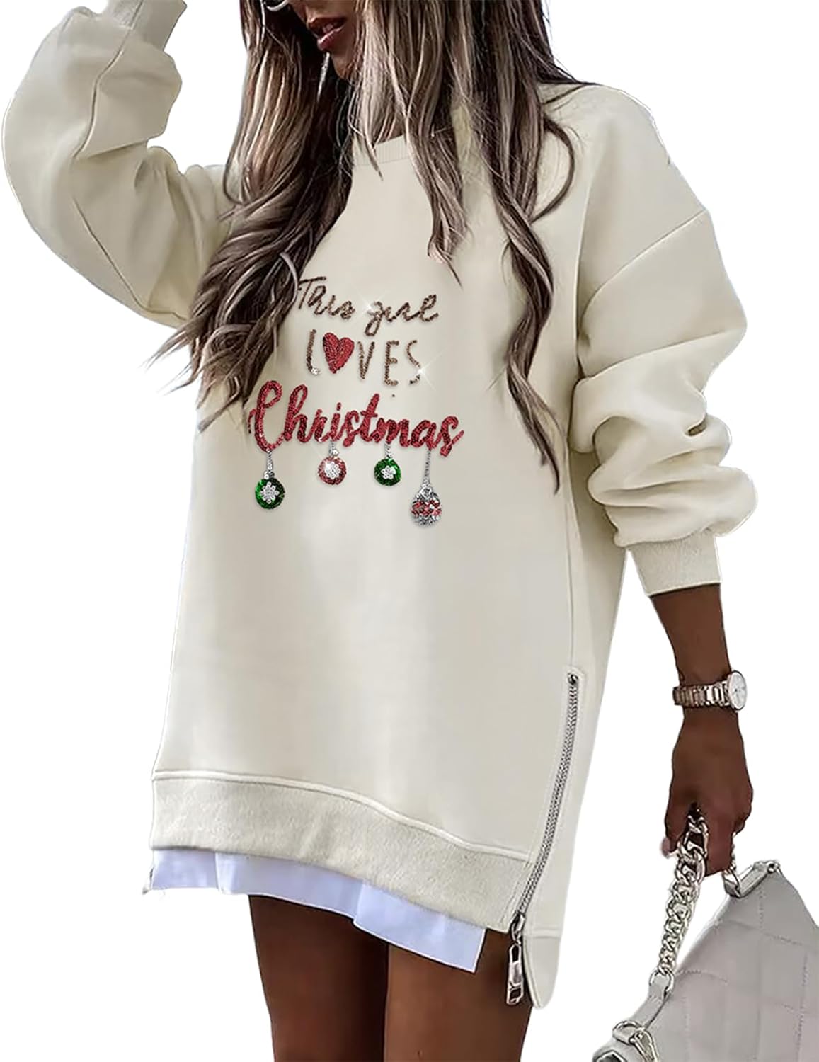 Christmas Sequin Pattern Zipper Slit Holiday Sweatshirt