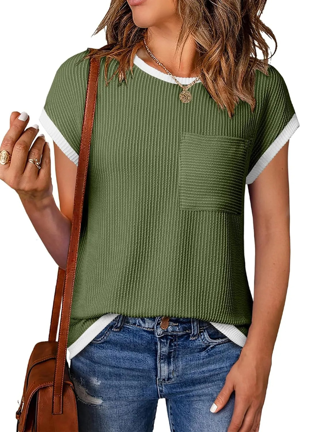 HOT SALE Women's Short Sleeve T Shirts Crewneck Color Block Ribbed Knit Tee