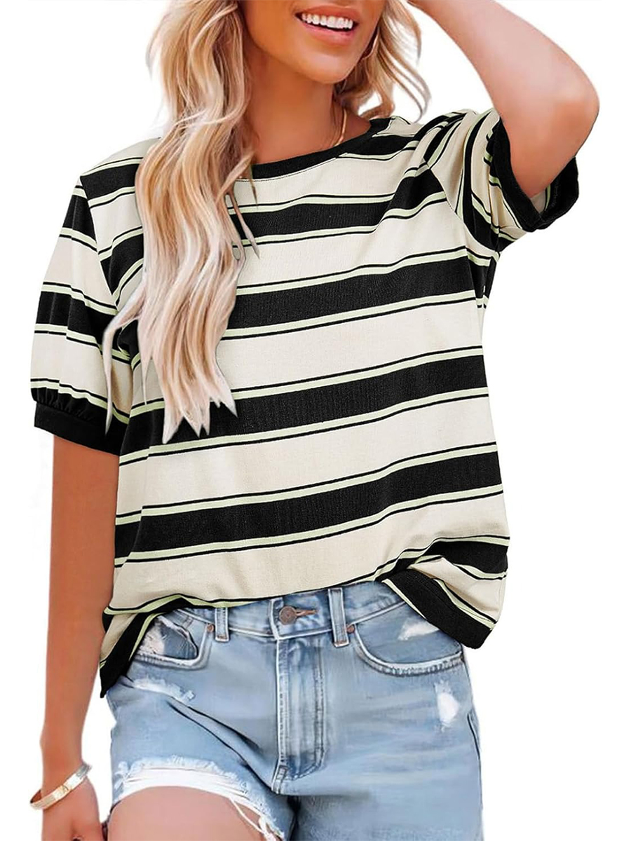 HOT SALE Women's Striped Color Block Short Sleeve T-Shirts Casual Loose Basic Tee