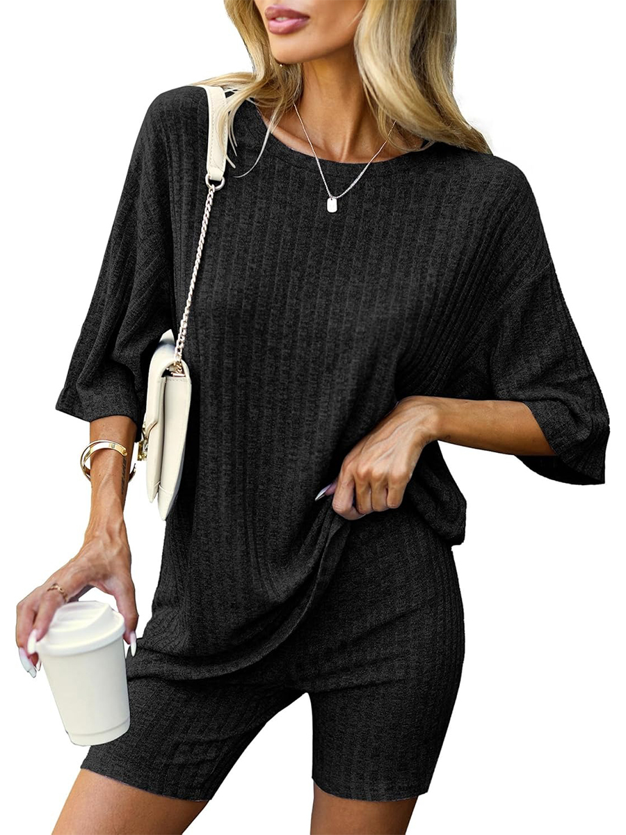 HOT SALE Women's 2 Piece Outfits Ribbed Short Sleeve Drop Shoulder Tee and Shorts Set