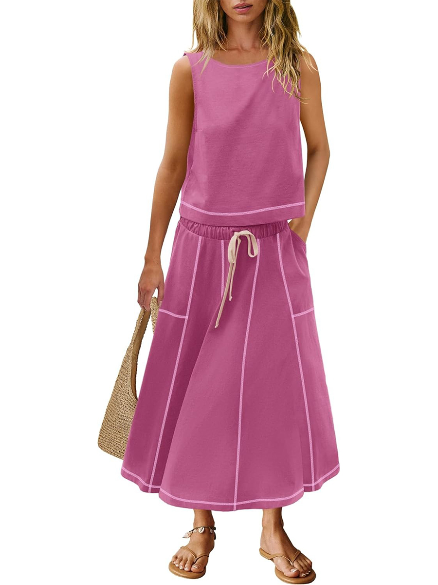 Women's Casual Seam Tank Top and Drawsting Pockets Skirt 2 Piece Set