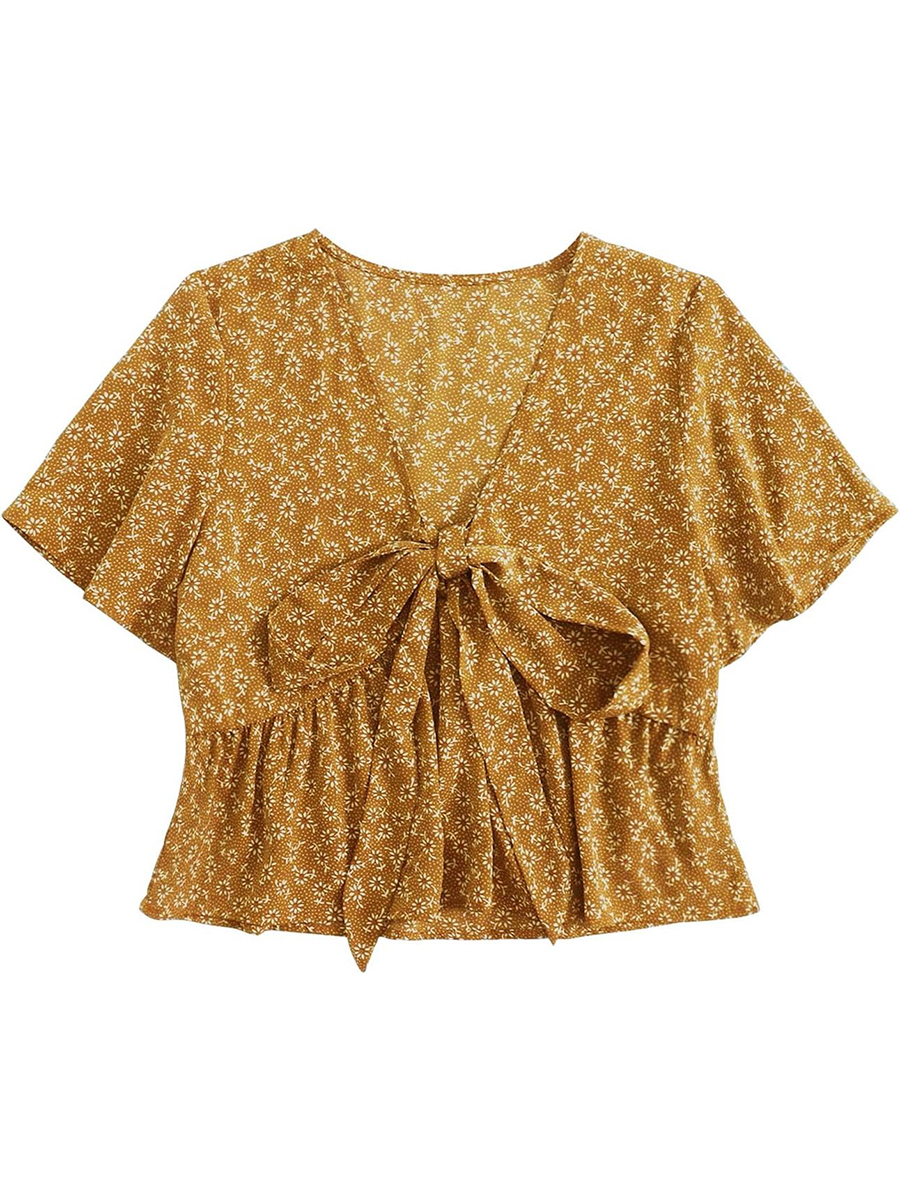 Women's Floral Print V Neck Tie Knot Ruffle Hem Short Sleeve Top