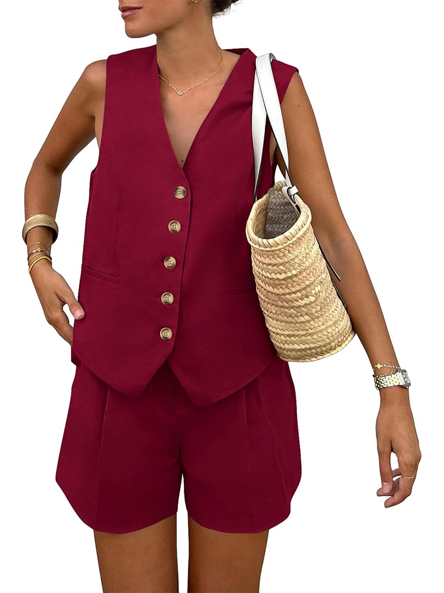 Women's Sleeveless Matching Sets Button Down V Neck Vest Waistcoat and Pockets Shorts