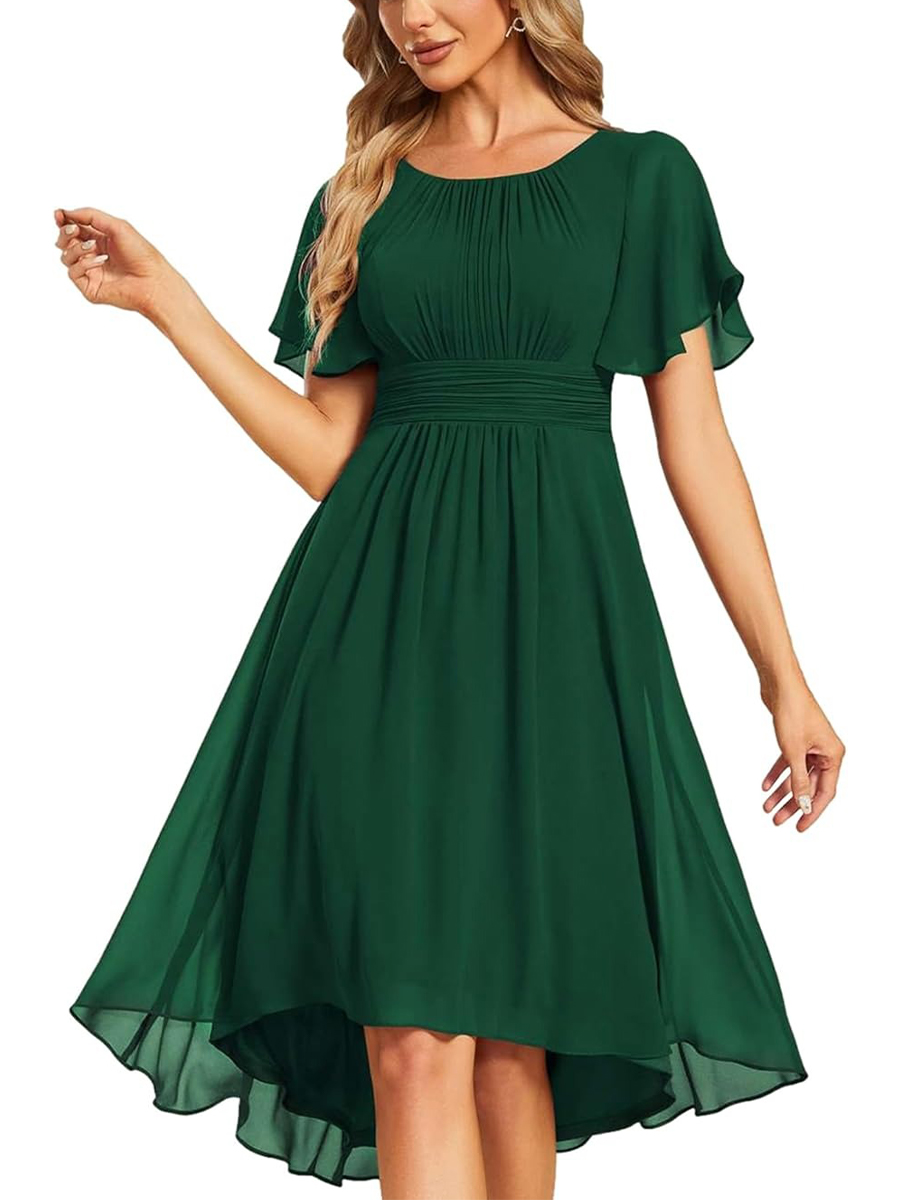 Women's Crew Neck Pleated Ruffle Short Sleeve Dress