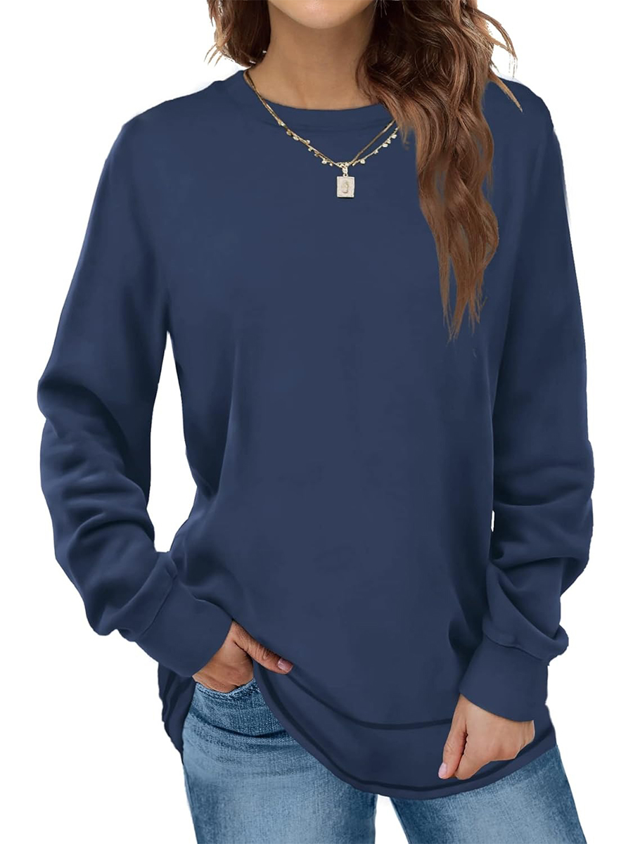 HOT SALE Women's Crewneck Long Sleeve Sweatshirt Curved Hem Tunic Tops
