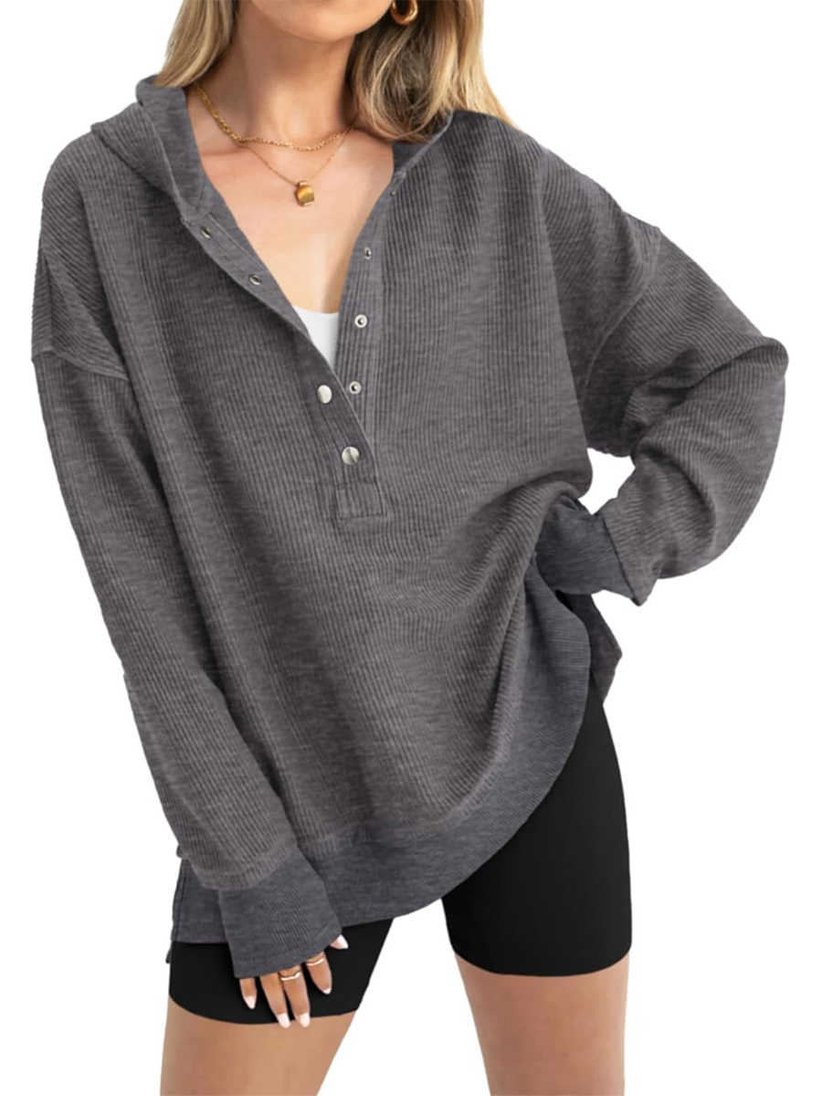 Women's Oversized Button Down V Neck Sweatshirt Side Slit Hoodie