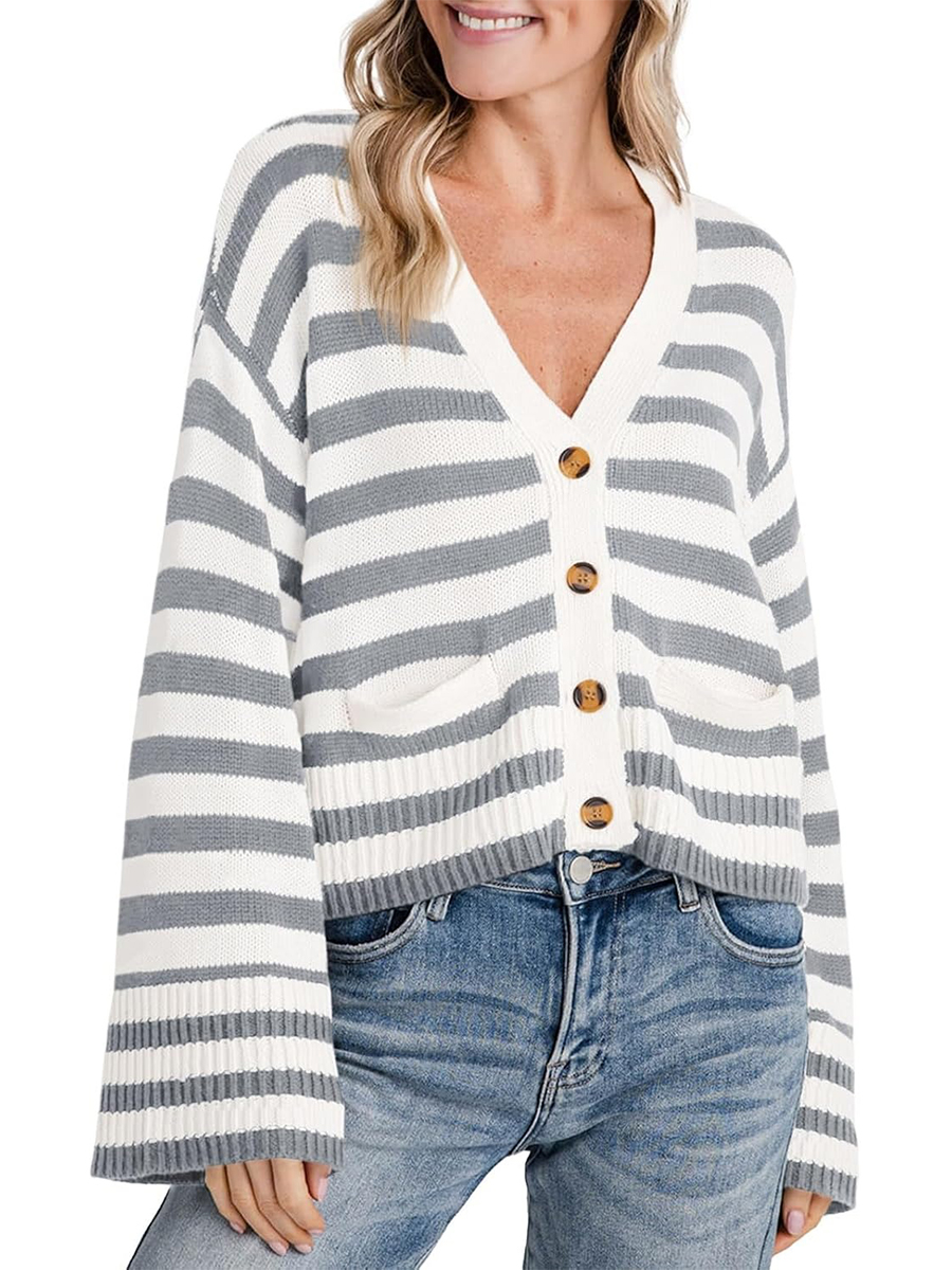 Women's Striped Cropped Button Open Front Long Sleeve Knit Cardigan Sweater