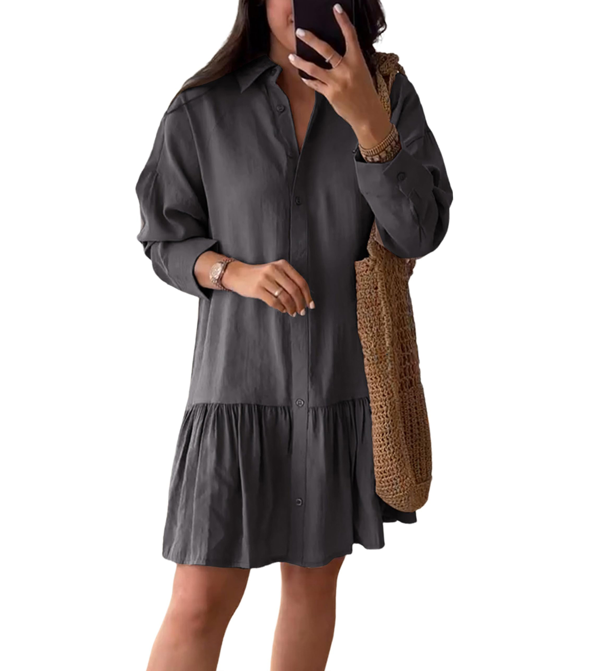 Women's Loose Lapel Collar Long Sleeves Button Down Shirt Dress