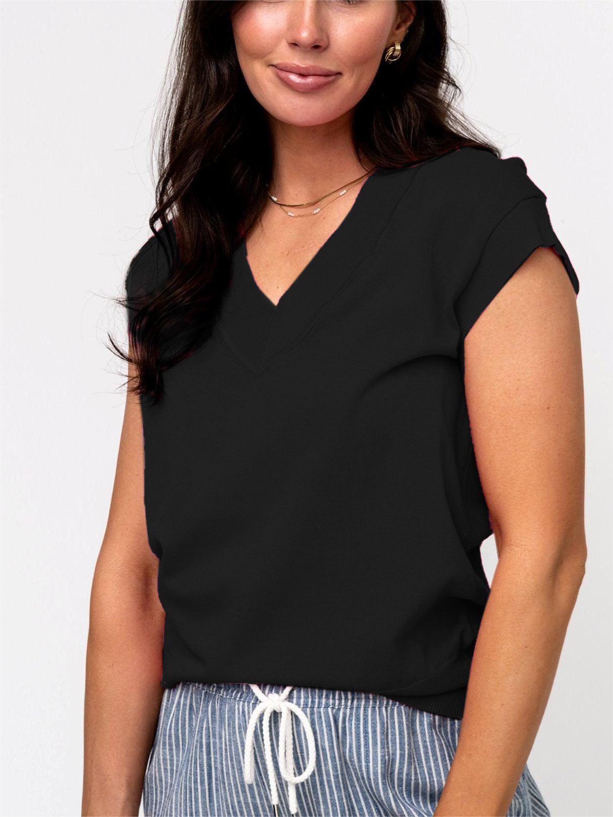 Womens  V Neck Cap Sleeve Basic Tops 💥Buy 3 Free Shipping