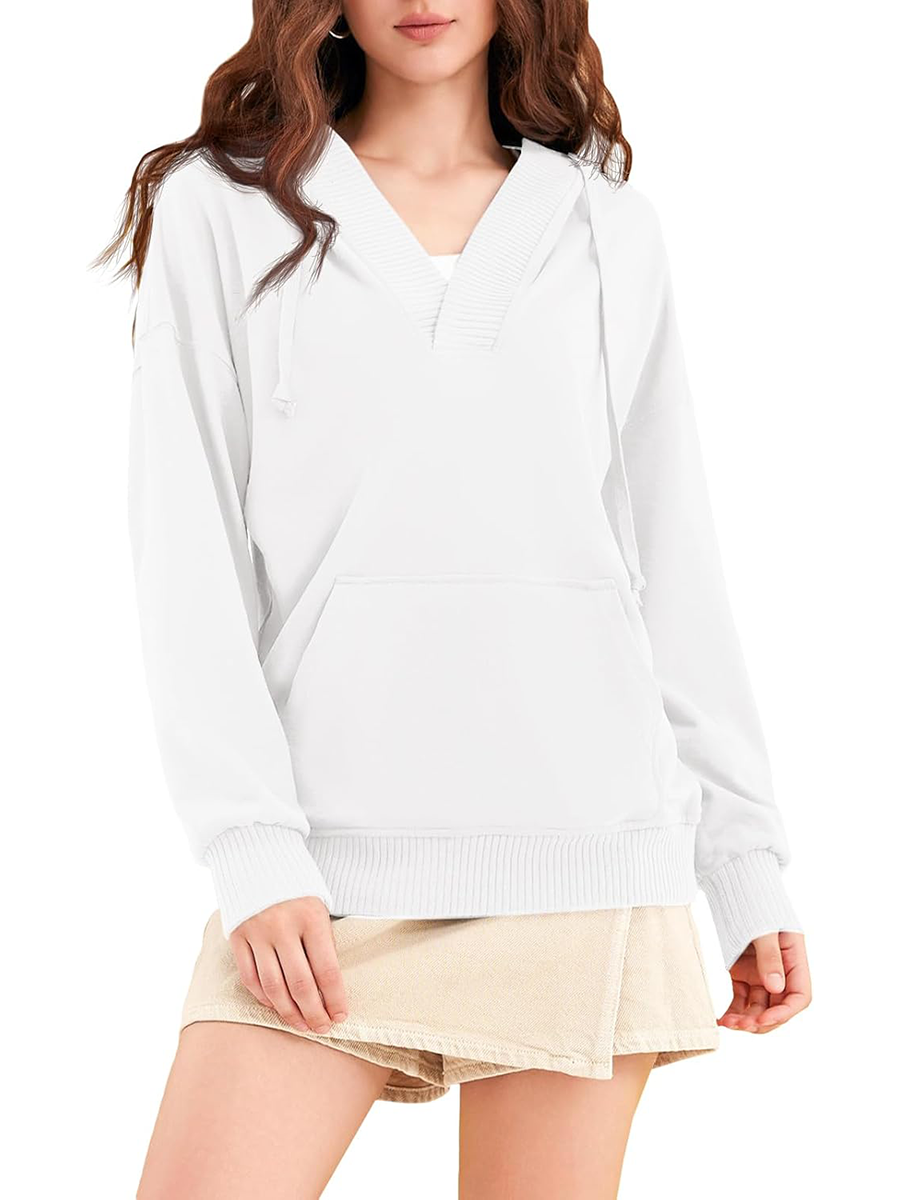 Women‘’s Casual Oversized V Neck Drawsting Hooded Sweatshirts