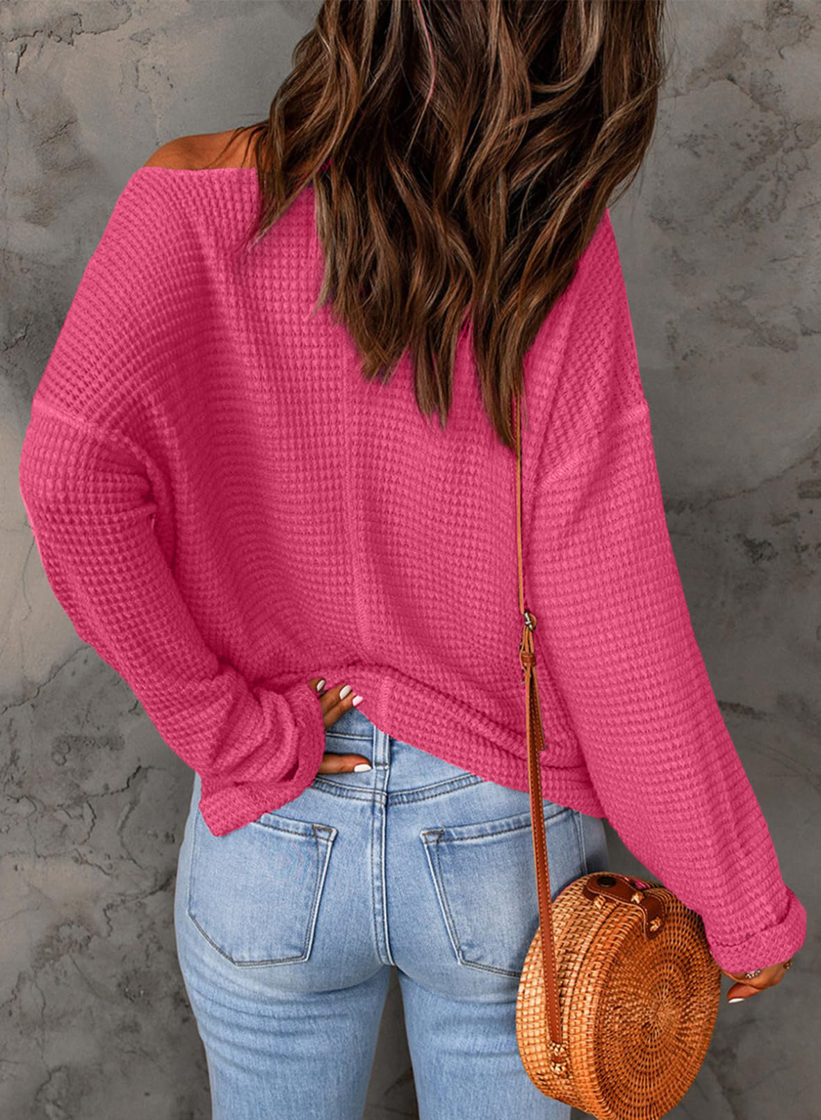 Casual Notched Neck Drop Shoulder Waffle Knit Top